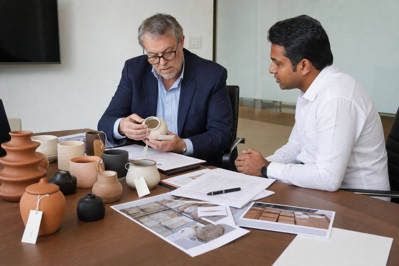 International buyer reviewing Indian terracotta and ceramic samples with export documents at a B2B sourcing meeting