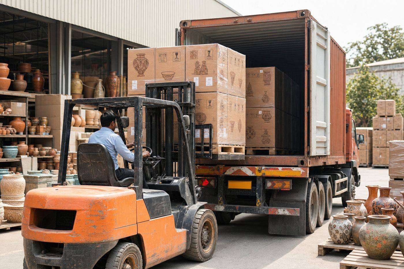 Forklift loading palletized Indian ceramic handicraft cartons onto an export freight truck at a warehouse dock