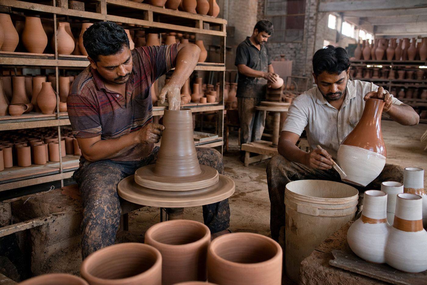 Khurja pottery artisans throwing clay and applying glaze to terracotta planters and ceramic vases for export