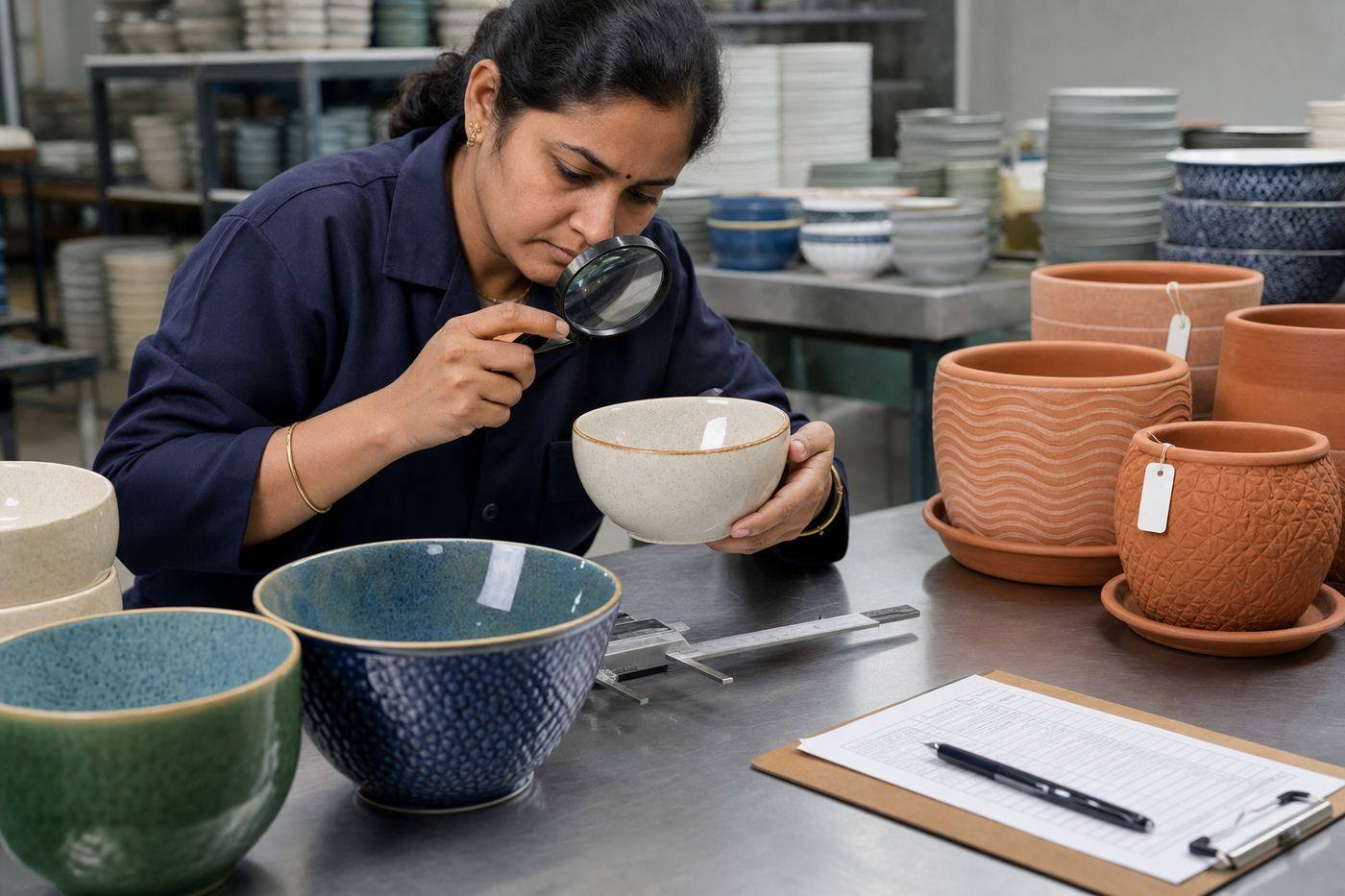 Export quality inspector checking glaze crazing pinholes and colour match on Indian ceramic bowls before shipment