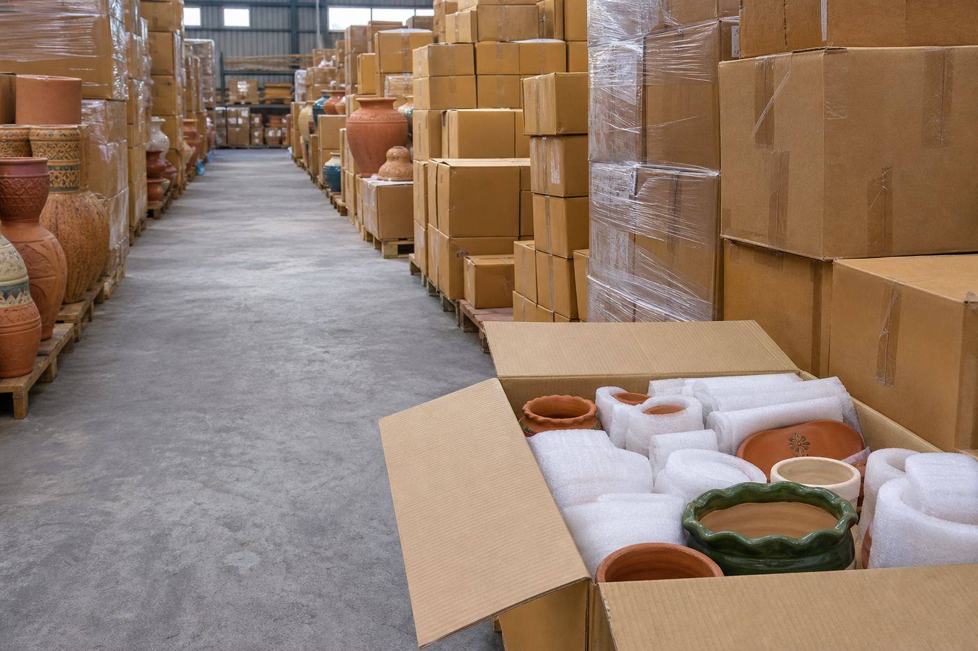Palletized export cartons of Indian terracotta and ceramic handicrafts in a dry warehouse aisle