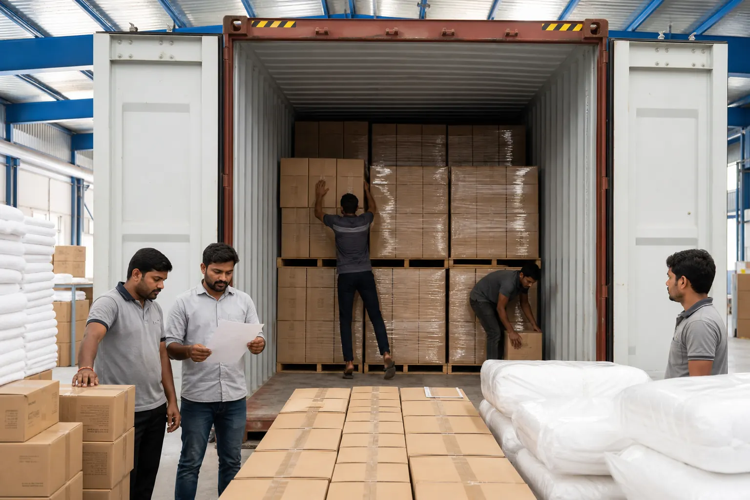 Terry towel cartons loaded according to a checked container plan
