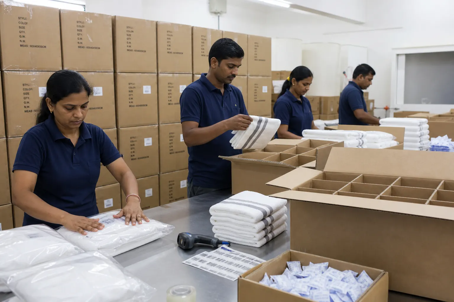 Workers folding, labeling and packing terry towels into export cartons