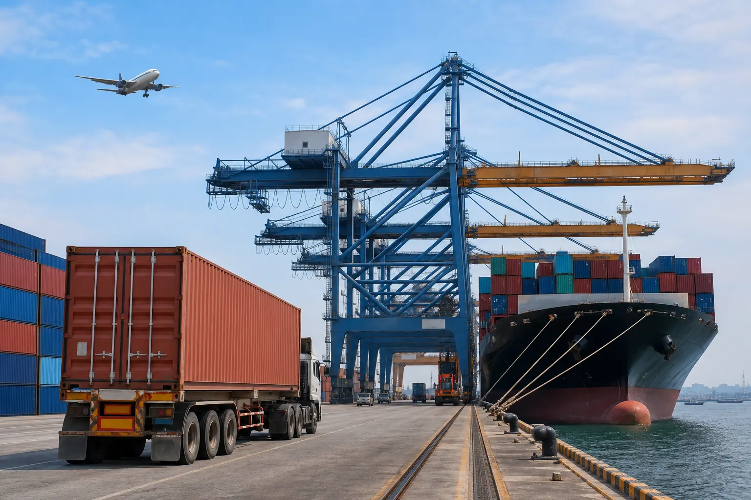 Container vessel, port cranes, truck, and aircraft supporting textile logistics