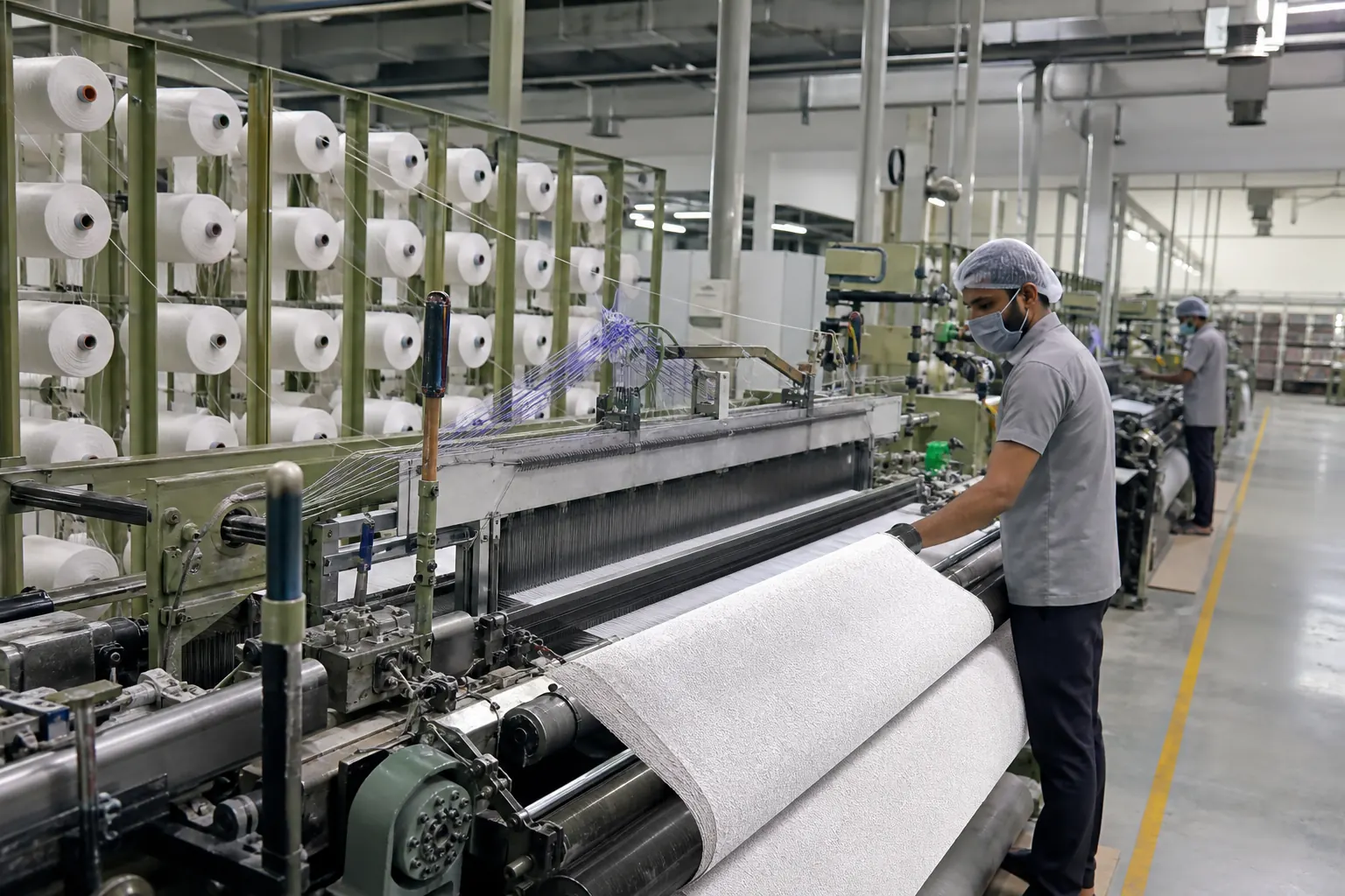 Cotton yarn being woven into loop-pile terry towel fabric on industrial looms