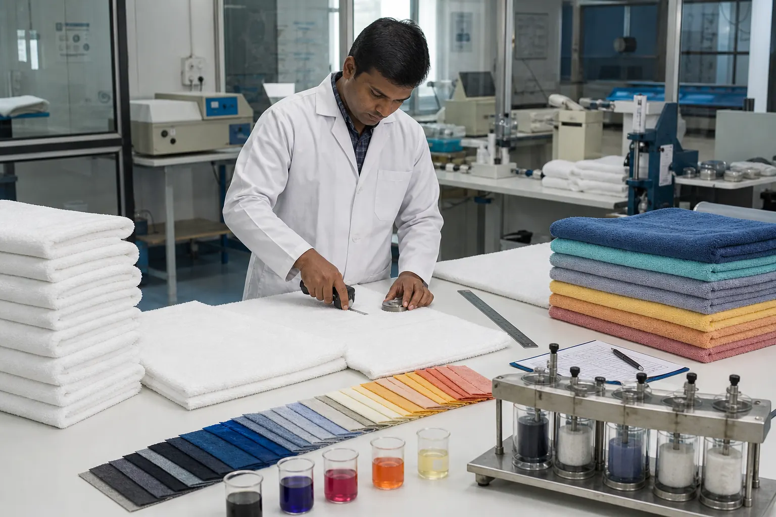 Textile technician checking towel dimensions, color, GSM and construction
