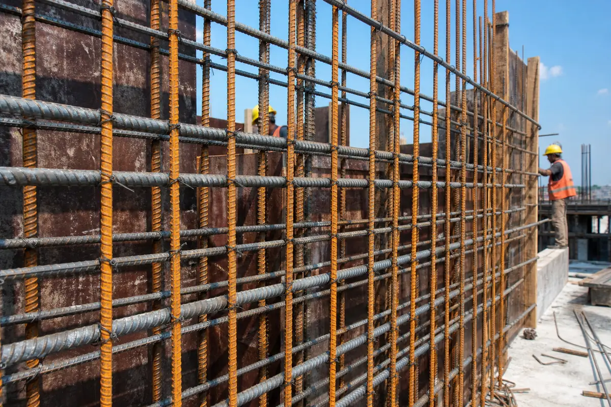 Construction site with TMT reinforcement bars placed in concrete formwork for a bridge or high-rise structural pour