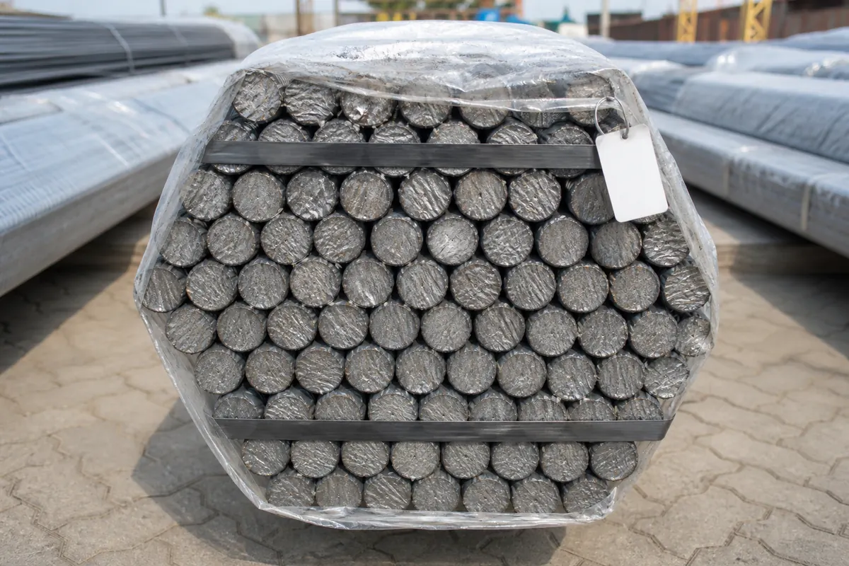 Workers applying steel strapping and bundle tags to hexagonal TMT bar bundles with waterproof wrap for ocean-freight export from India