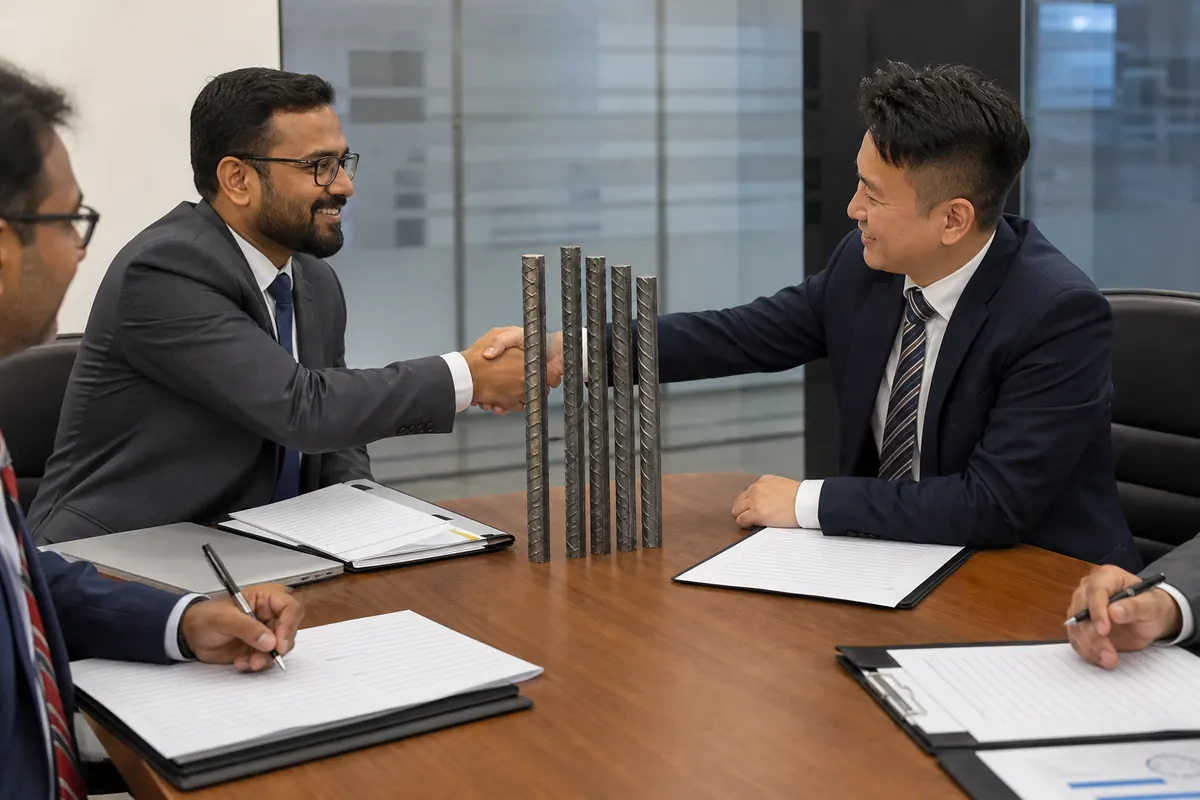 International buyer and Indian merchant exporter reviewing BIS IS 1786 mill test certificates with TMT bar samples for HS 7214 trade