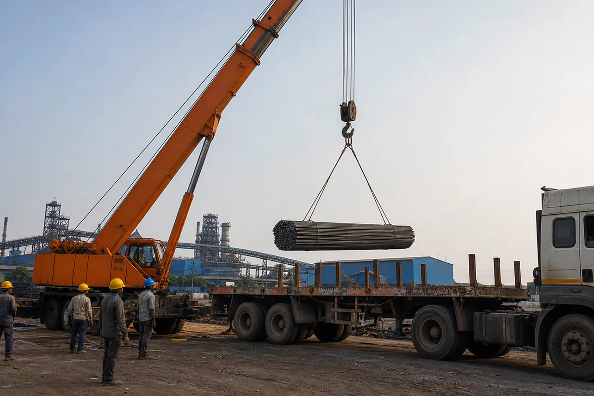 Mobile crane loading hexagonal TMT bar bundles onto a flatbed trailer for inland haul from an Indian mill to an export port