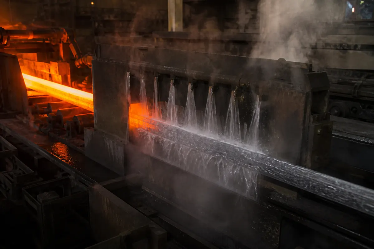 Red-hot steel bar entering the water quench box on an Indian TMT rolling and quenching line before self-tempering