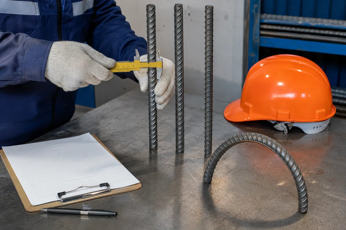 Quality inspector reviewing an EN 10204 mill test certificate beside TMT bar samples for bend and rebend testing before export release