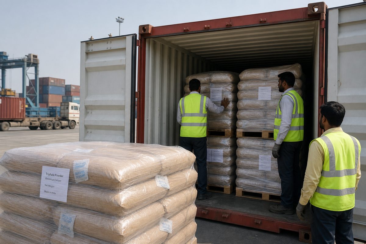 Workers stuffing moisture-protected Triphala powder bags into a 20-foot export shipping container
