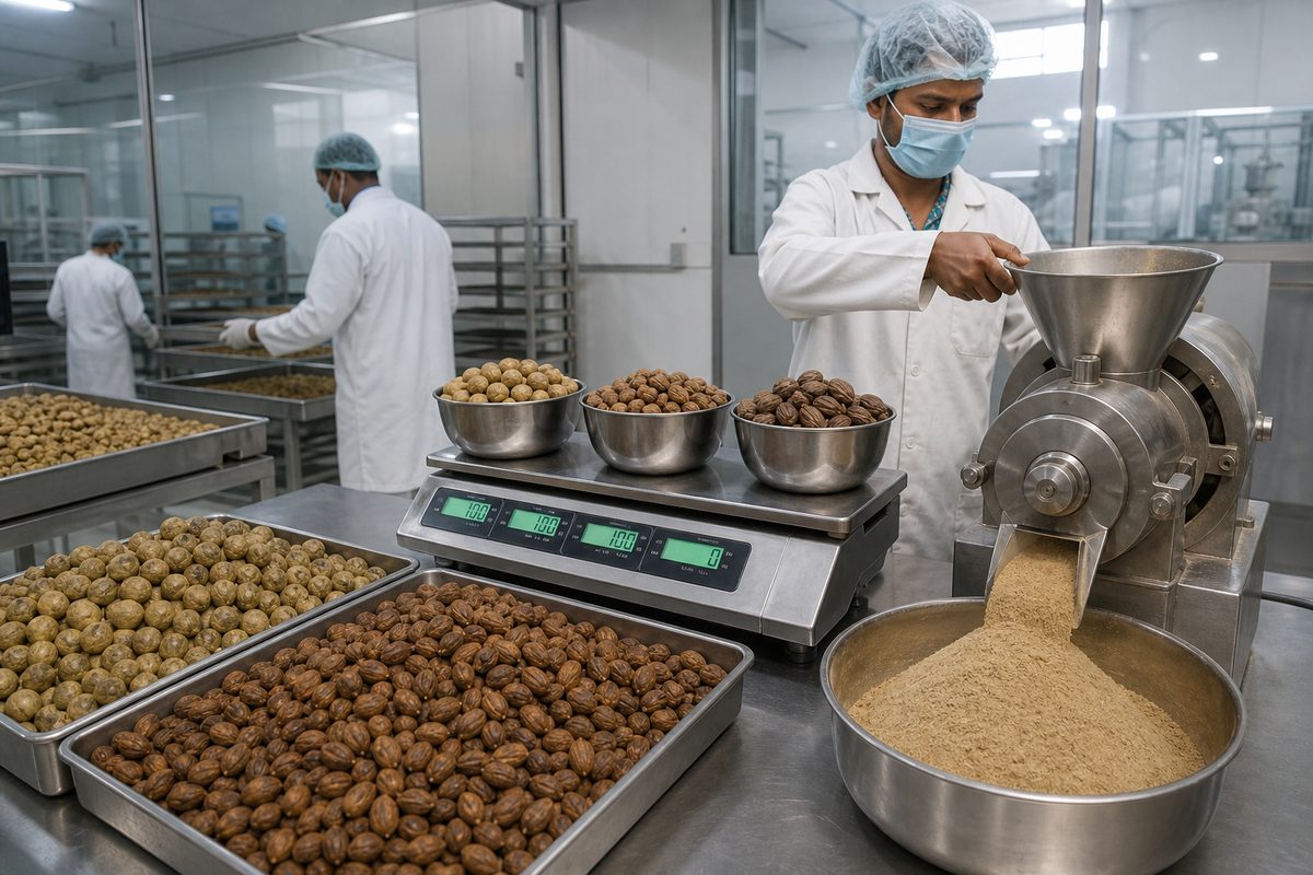 Neemuch-region Triphala plant with three-fruit drying trays, ratio weighing scale, and milling line for churna powder