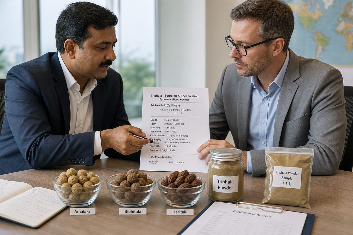 Exporter and international buyer reviewing Triphala three-fruit samples, powder jar, and COA at a sourcing meeting