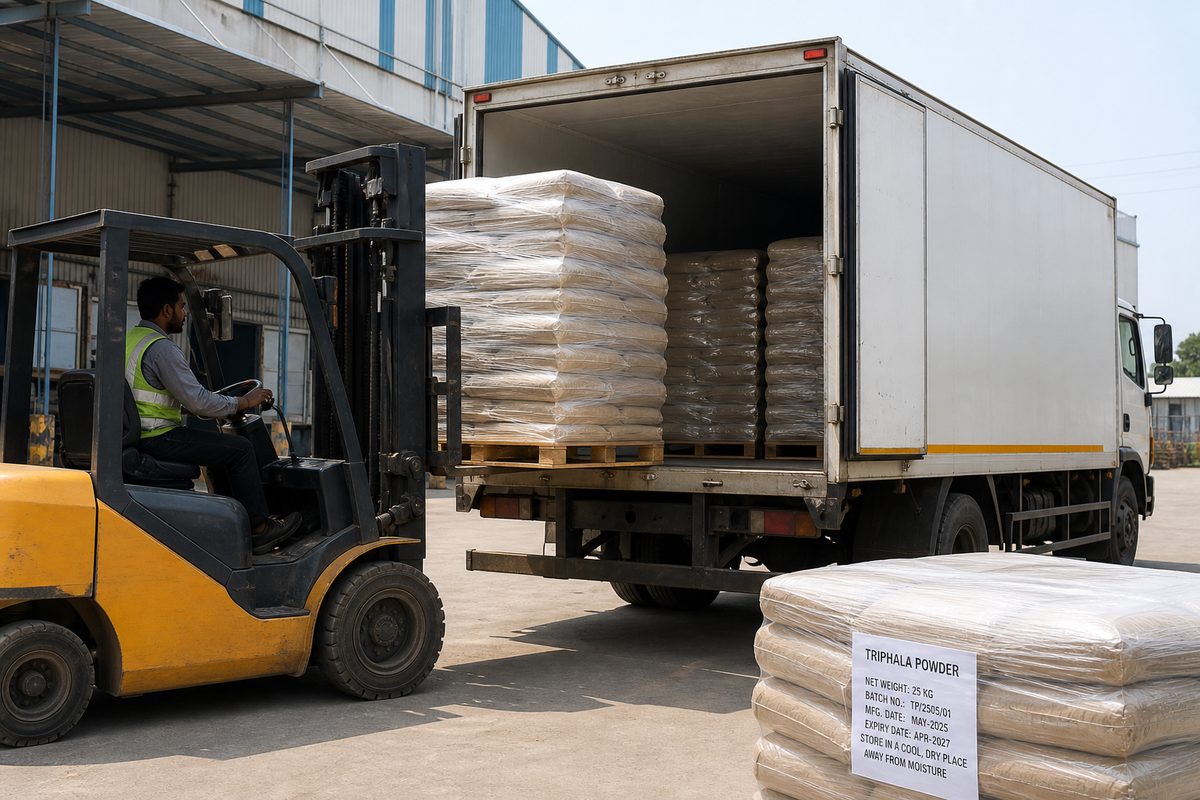Forklift loading palletized Triphala powder bags onto a truck for Mundra or Nhava Sheva haul