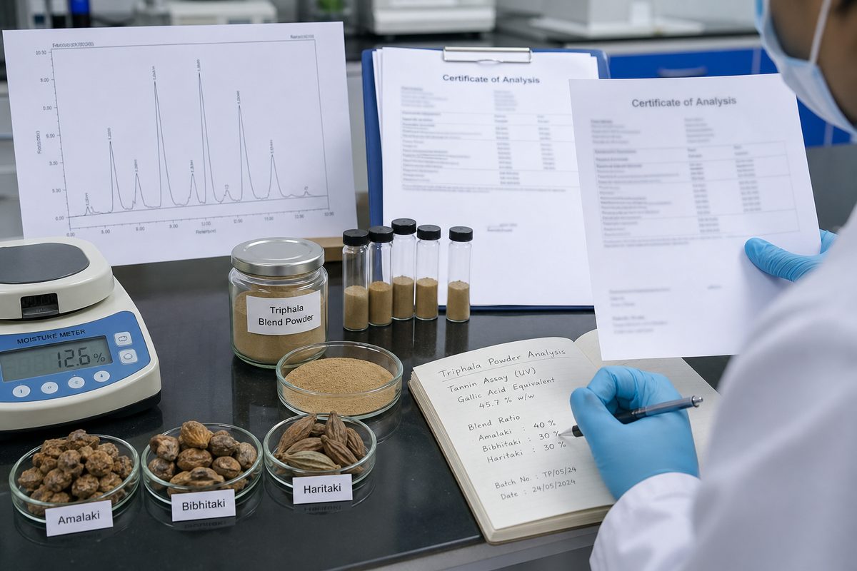 Lab COA and HPLC review for Triphala tannins, blend ratio, moisture, and micro with three-fruit sample dishes