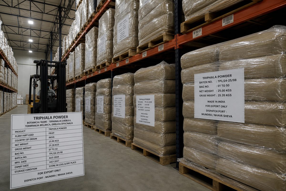 Stretch-wrapped pallets of Indian Triphala powder bags on dry warehouse racks before port dispatch