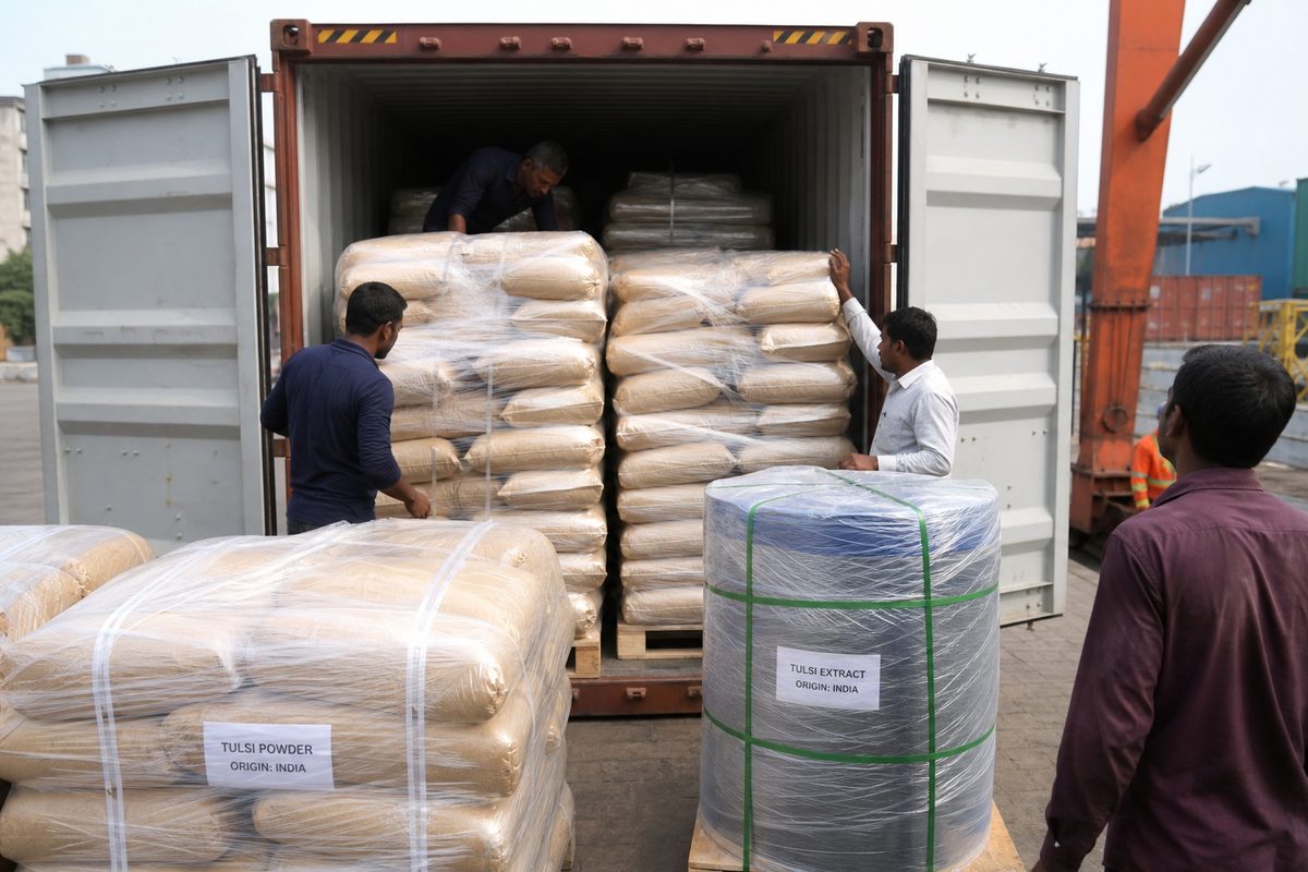 Workers stuffing moisture-protected Indian tulsi powder pallets into a 20-foot export shipping container