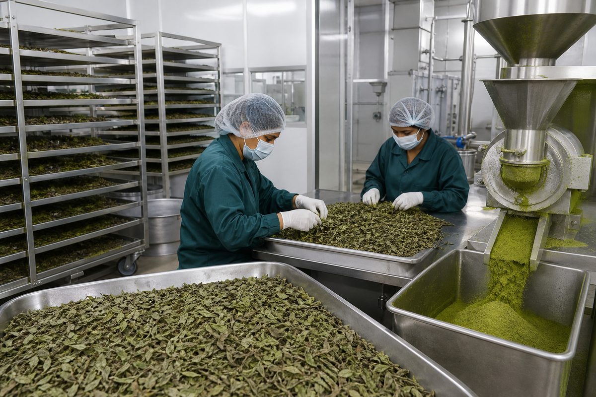 Workers drying and milling Ocimum sanctum tulsi leaf powder in a hygienic Uttar Pradesh–Madhya Pradesh export plant