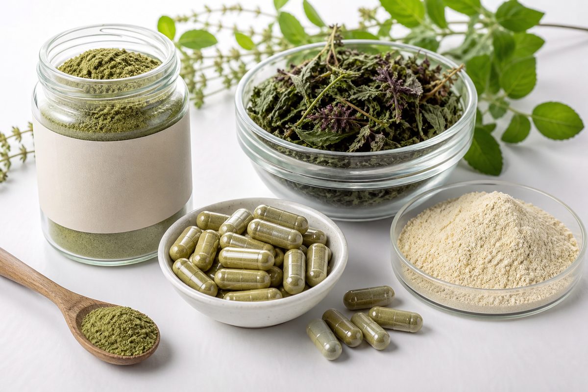 Tulsi powder jar, capsules, dried holy basil leaves, and extract powder for immunity private-label applications