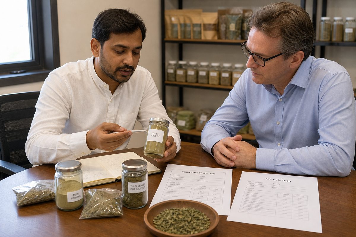 International buyer reviewing Indian tulsi powder samples, COA, and FOB terms with a merchant exporter
