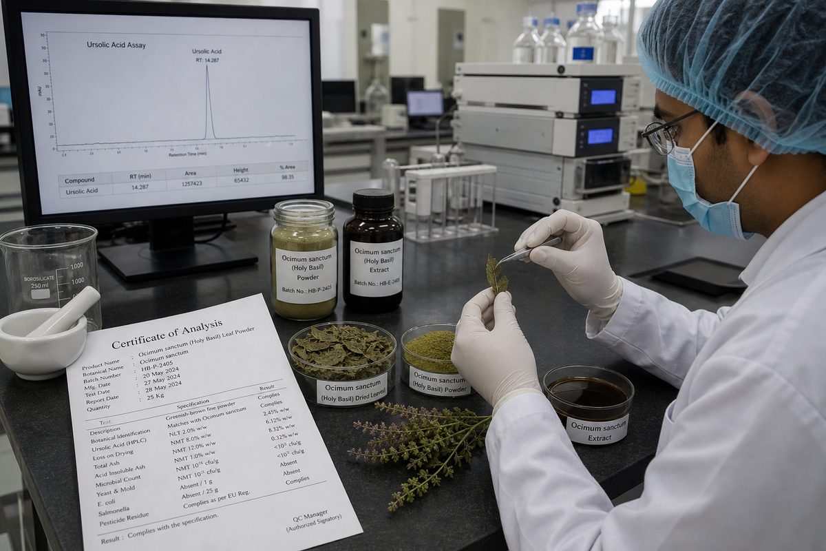 Lab technician reviewing HPLC chromatogram and Certificate of Analysis for Indian tulsi ursolic-acid release