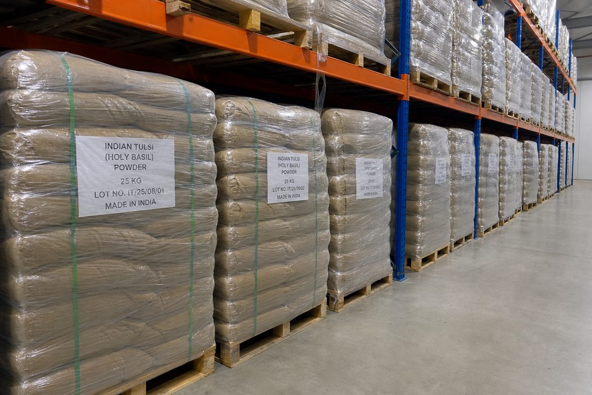 Stretch-wrapped pallets of Indian tulsi powder bags on dry export warehouse racks