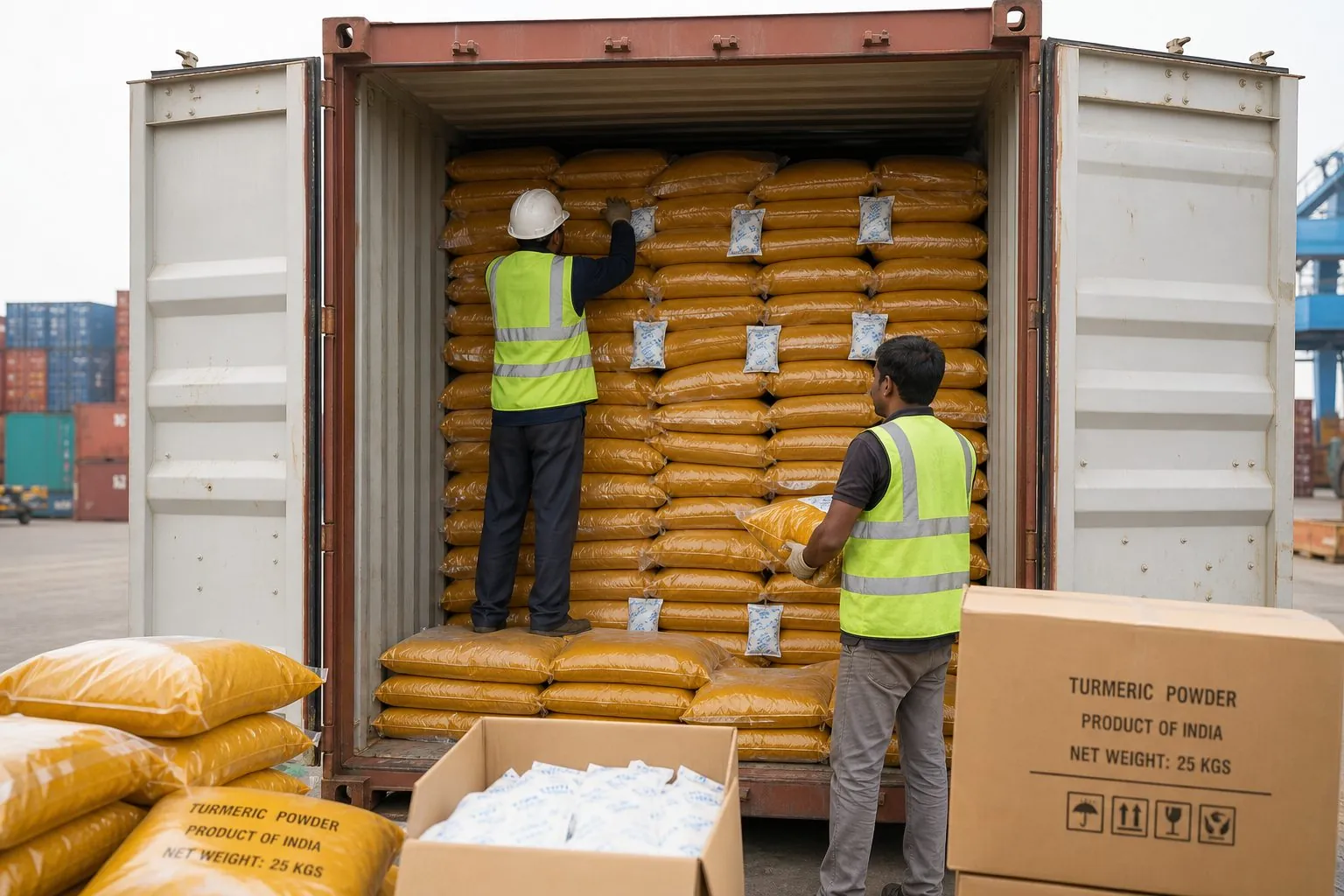 Workers stuffing moisture-protected bags of Indian turmeric powder into a 20-foot export shipping container