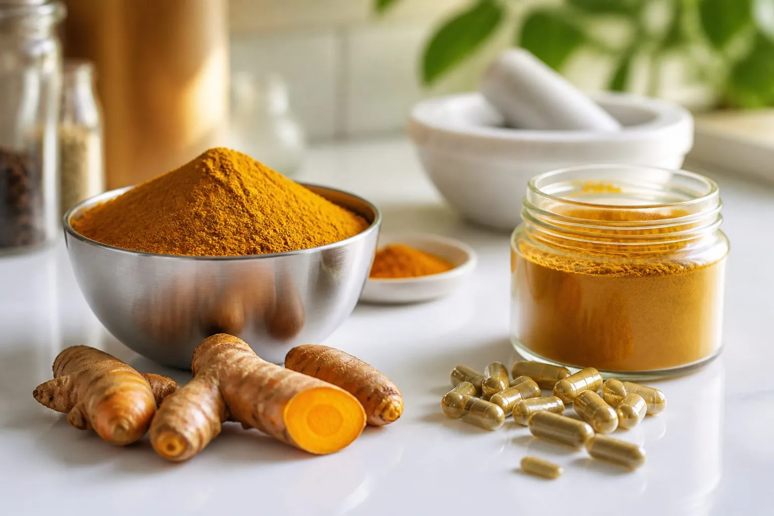 Turmeric powder, whole fingers, curcumin extract jar, and empty capsules showing spice food and nutraceutical end-use applications