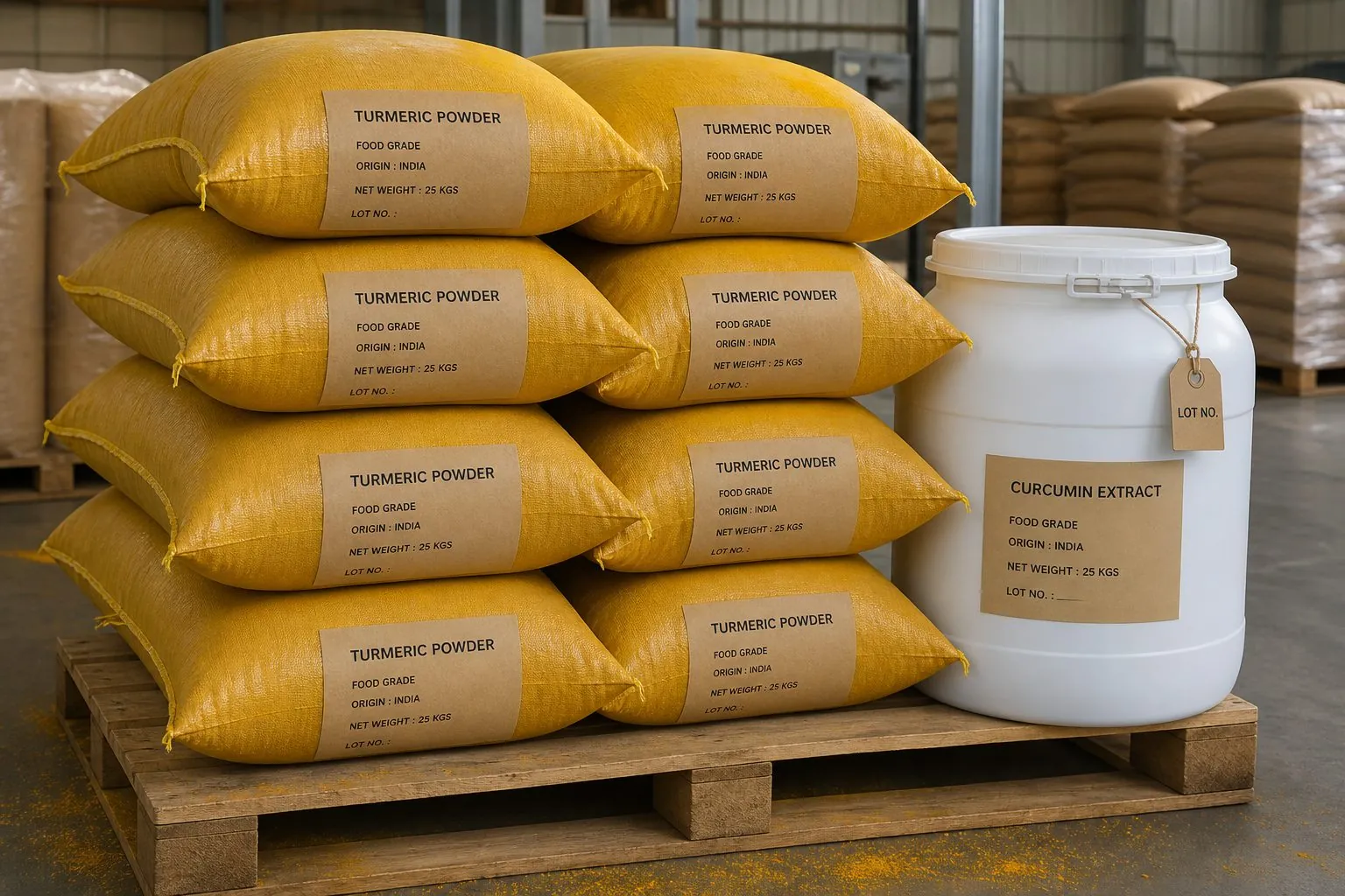 Pallet of 25 kg food-grade turmeric powder bags beside a sealed HDPE curcumin extract drum ready for export
