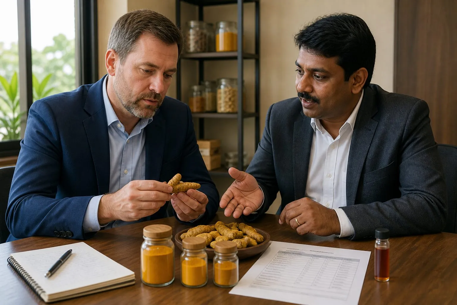 International buyer reviewing Indian turmeric finger and powder samples with a merchant exporter during specification and FOB discussion