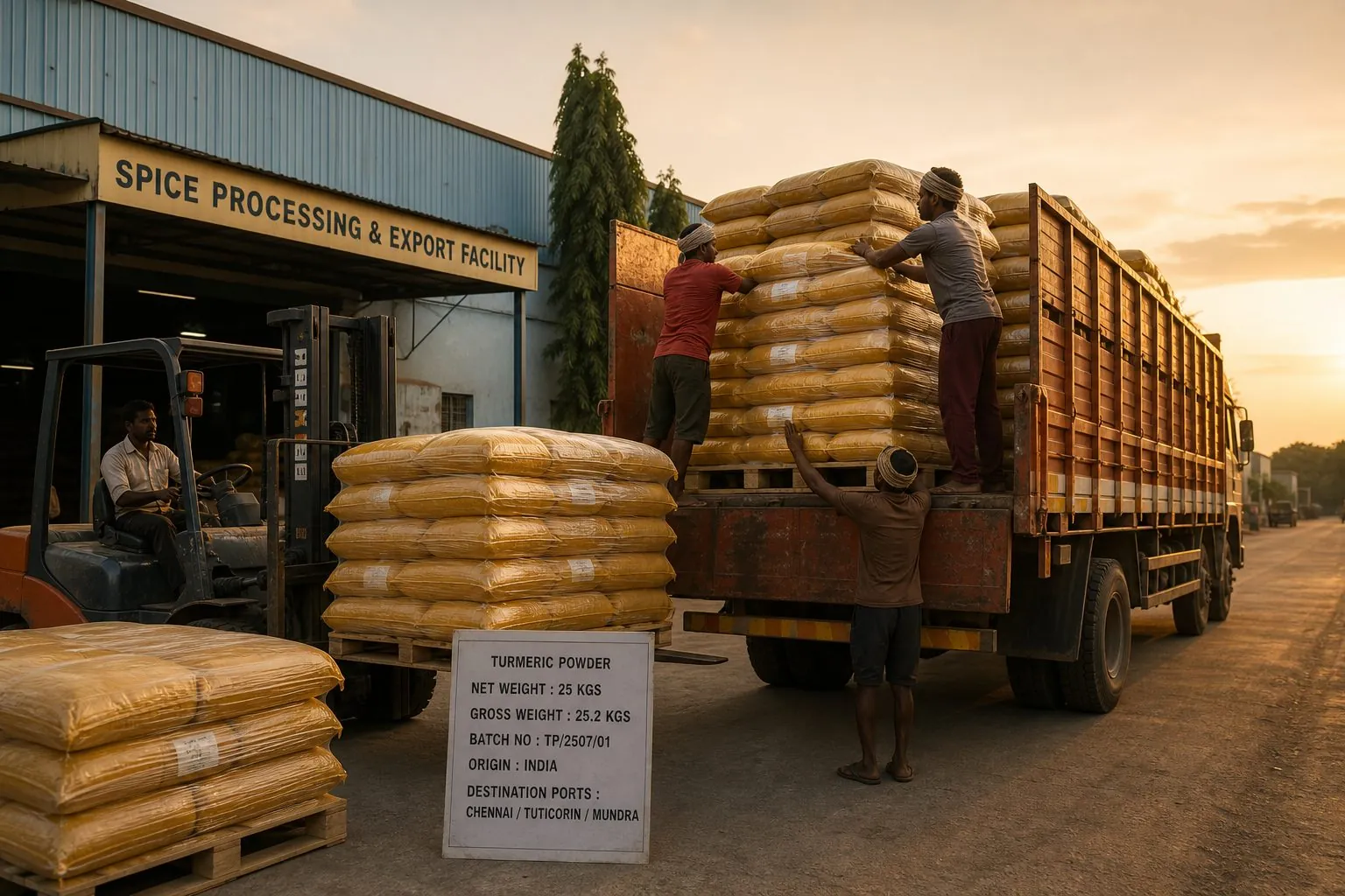 Workers loading palletized Indian turmeric powder bags onto a truck for haul from Erode or Sangli to Chennai, Tuticorin, or Mundra