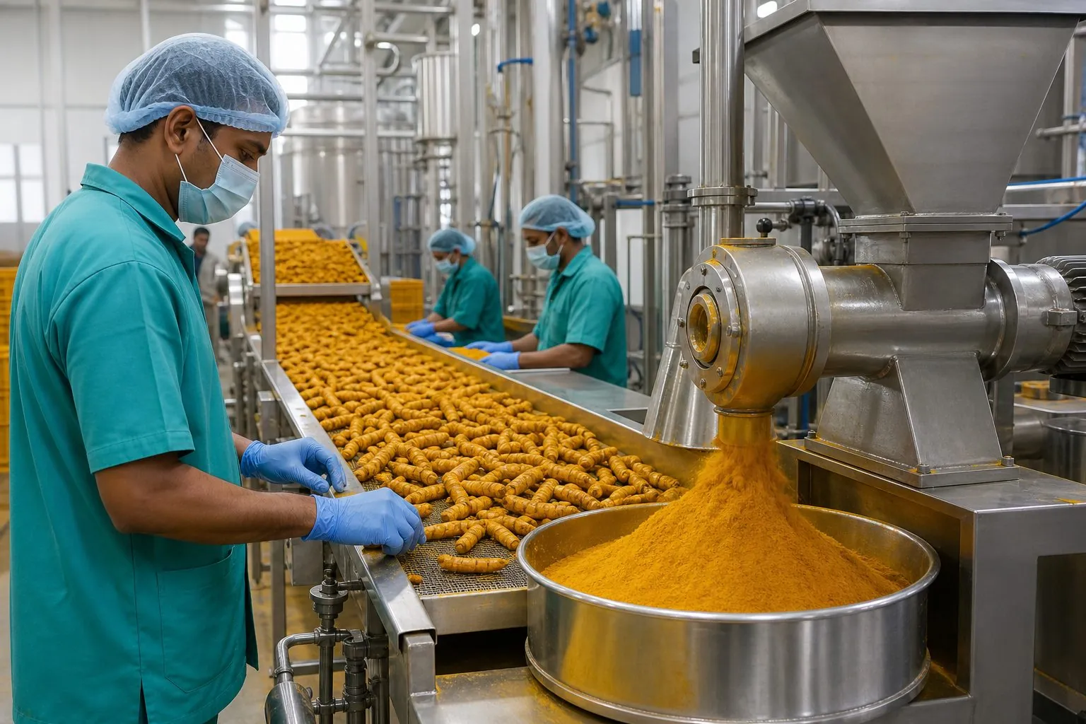 Workers in hygienic gear monitoring a stainless turmeric polishing and grinding line in an Erode or Sangli export plant