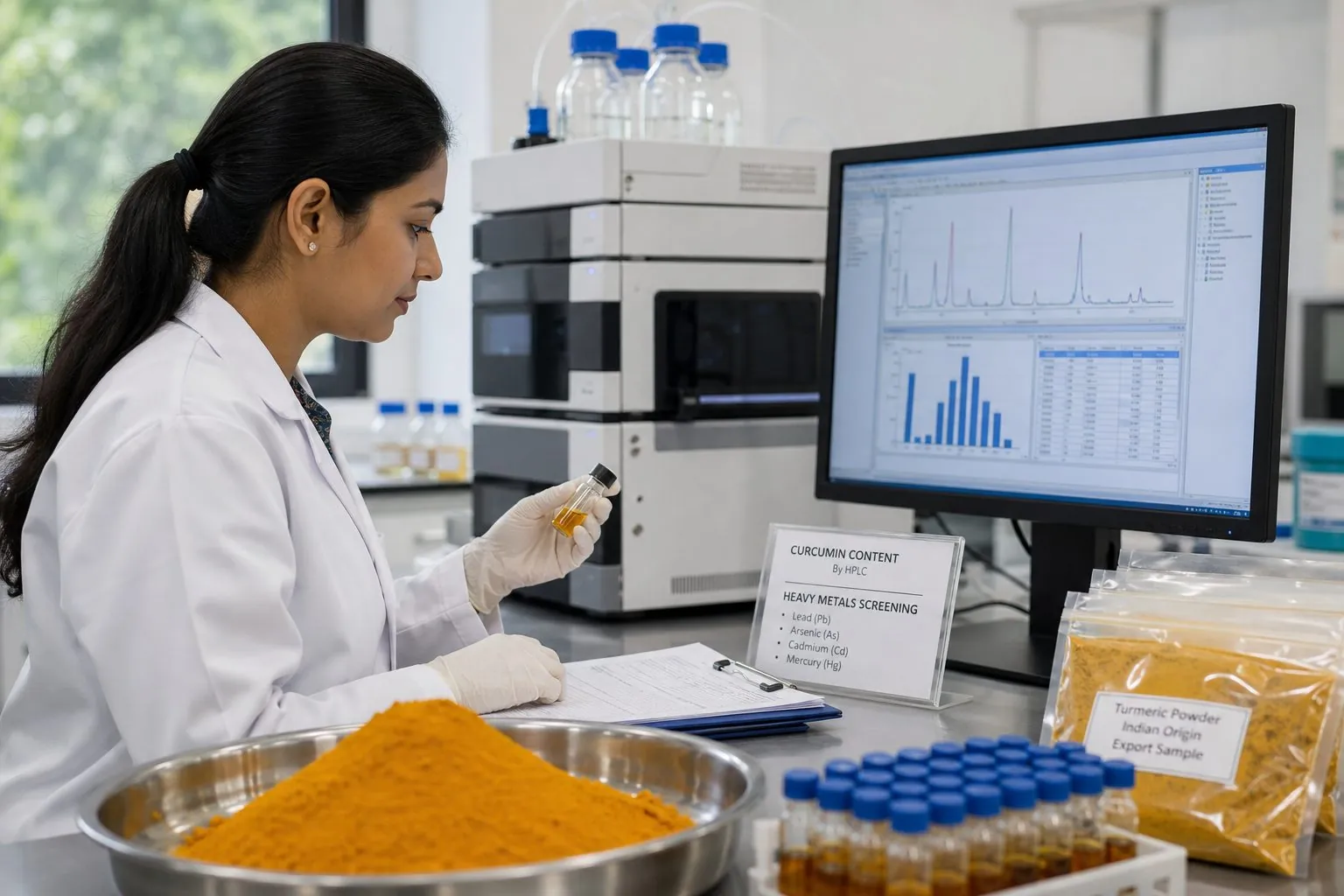 Laboratory analyst reviewing turmeric powder samples and HPLC curcumin vials for Certificate of Analysis and heavy-metal screening