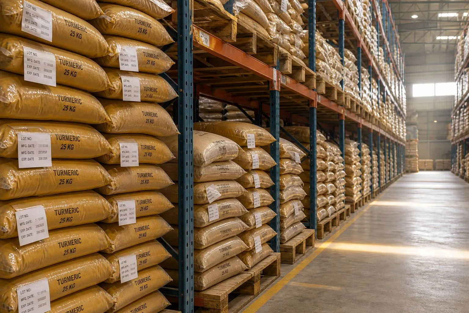 Palletized bags of Indian turmeric powder staged on dry warehouse racks before port dispatch