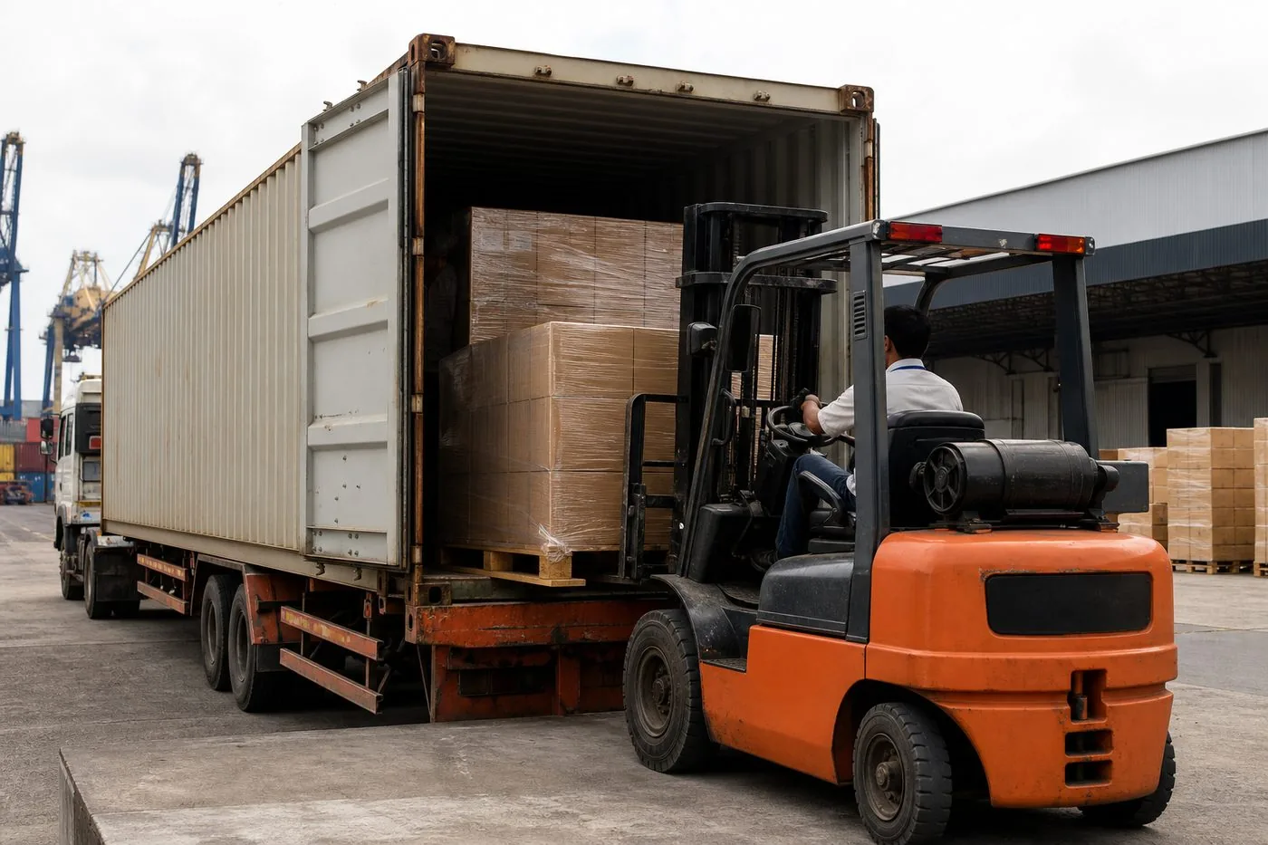Forklift stuffing palletized cartons of Indian volleyballs into a shipping container for FCL export