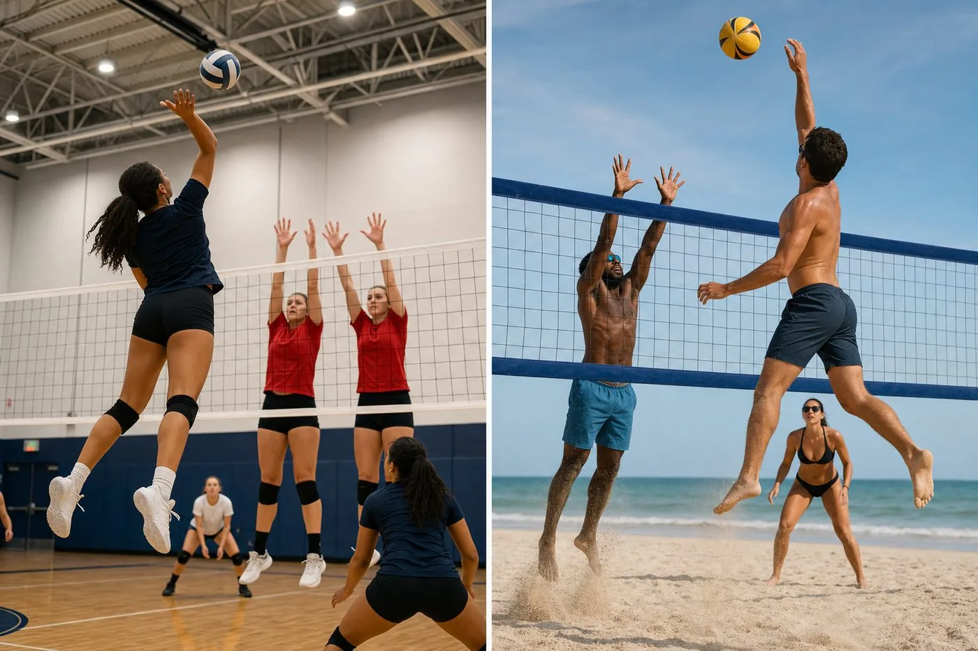 Volleyball players training on indoor court and beach showing training and match end-use applications