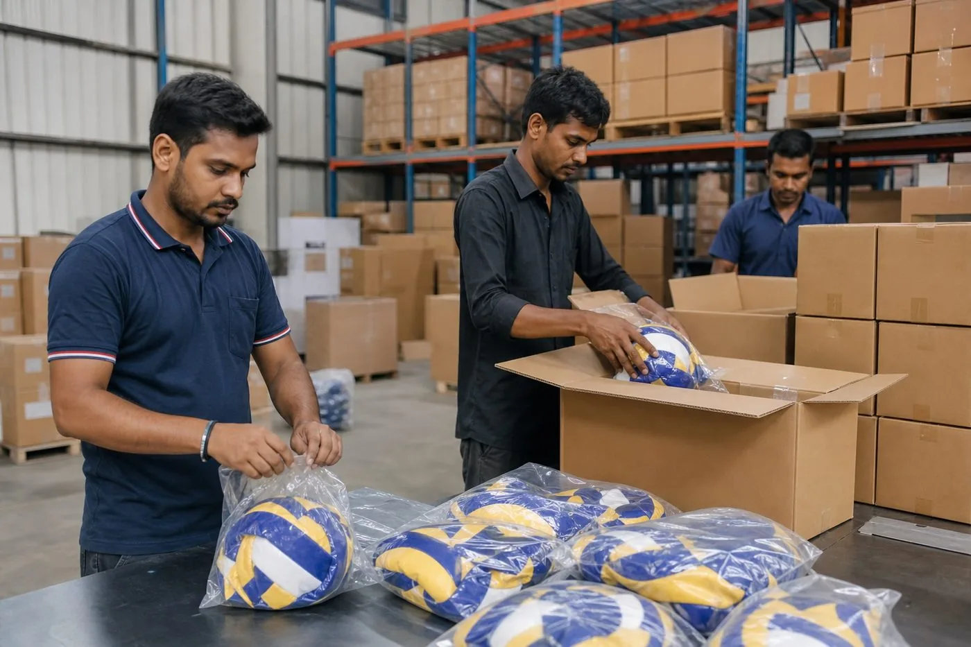 Workers packing deflated Indian volleyballs into poly bags and corrugated master cartons for export