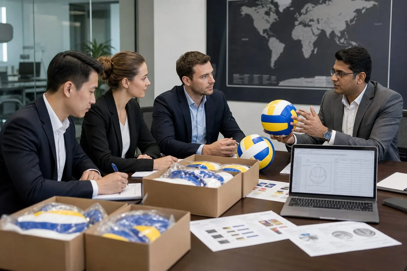International buyers reviewing Indian volleyball samples and export specification sheets with a sourcing partner