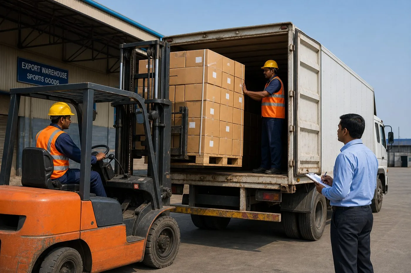Workers loading palletized cartons of Indian volleyballs onto a truck at an export warehouse dock