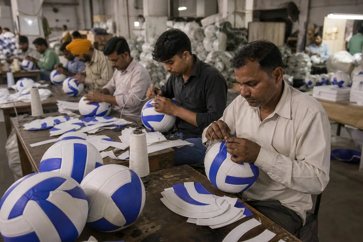 Workers hand-stitching export volleyballs on workbenches in a Jalandhar sports goods factory