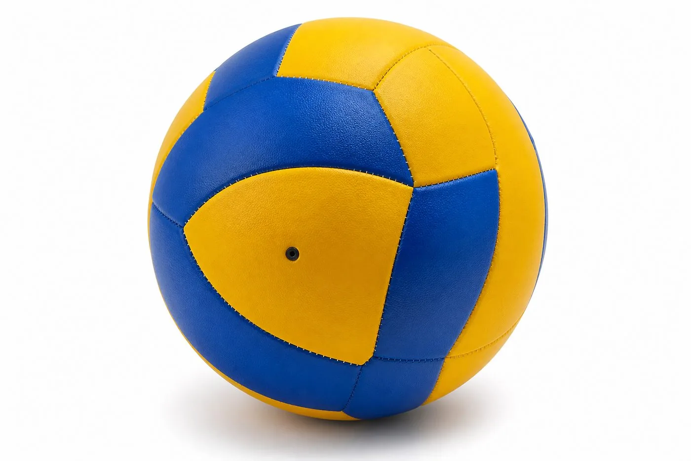 Close-up of an indoor export volleyball showing 18-panel PU cover stitching and bladder valve