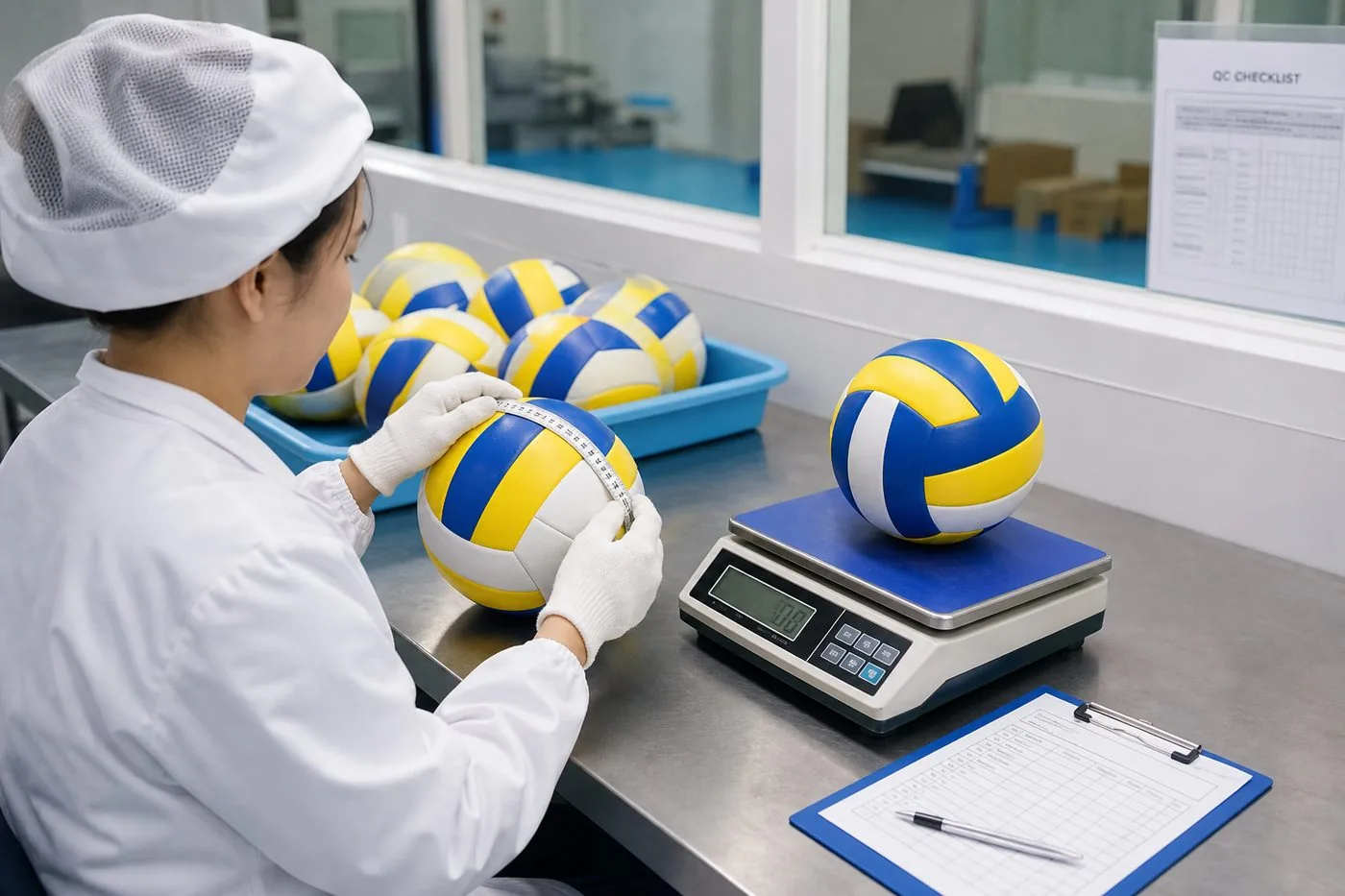 Quality inspector measuring volleyball circumference, weight, and rebound samples for Indian export QC release