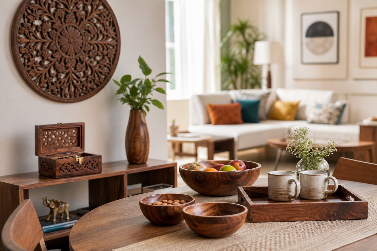 Indian wooden handicraft trays, bowls, carved wall décor, and boxes styled in a modern home interior