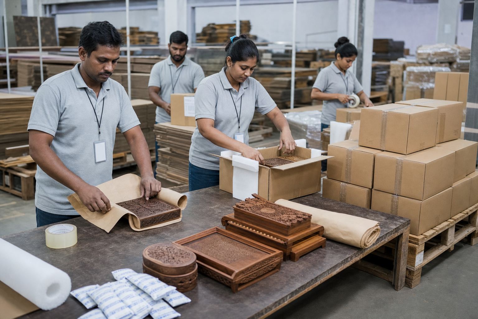 Workers packing carved wooden handicrafts into export cartons with foam wrap, corner protectors, and desiccants
