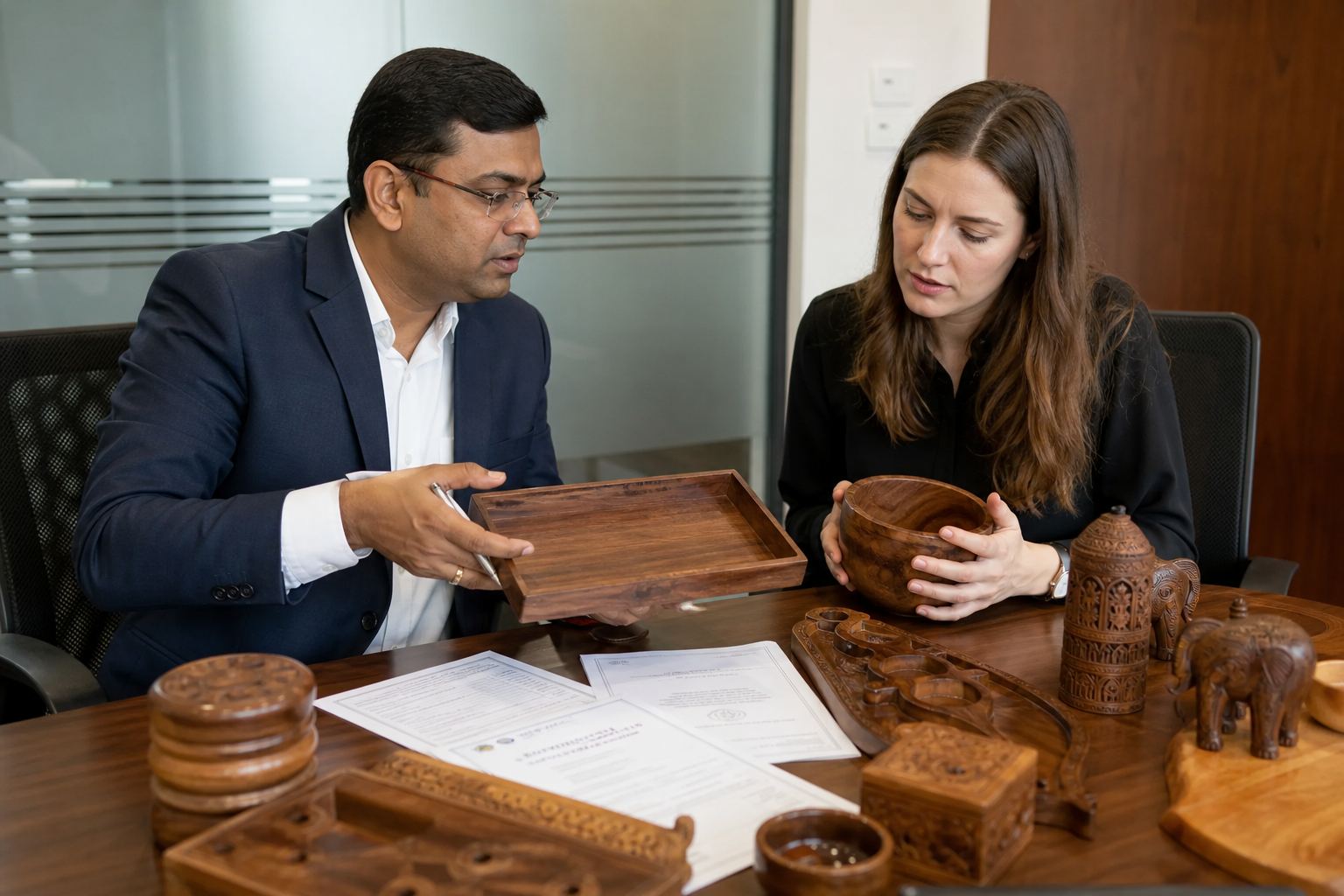 International buyer reviewing Indian wooden handicraft samples and export documents with a sourcing partner