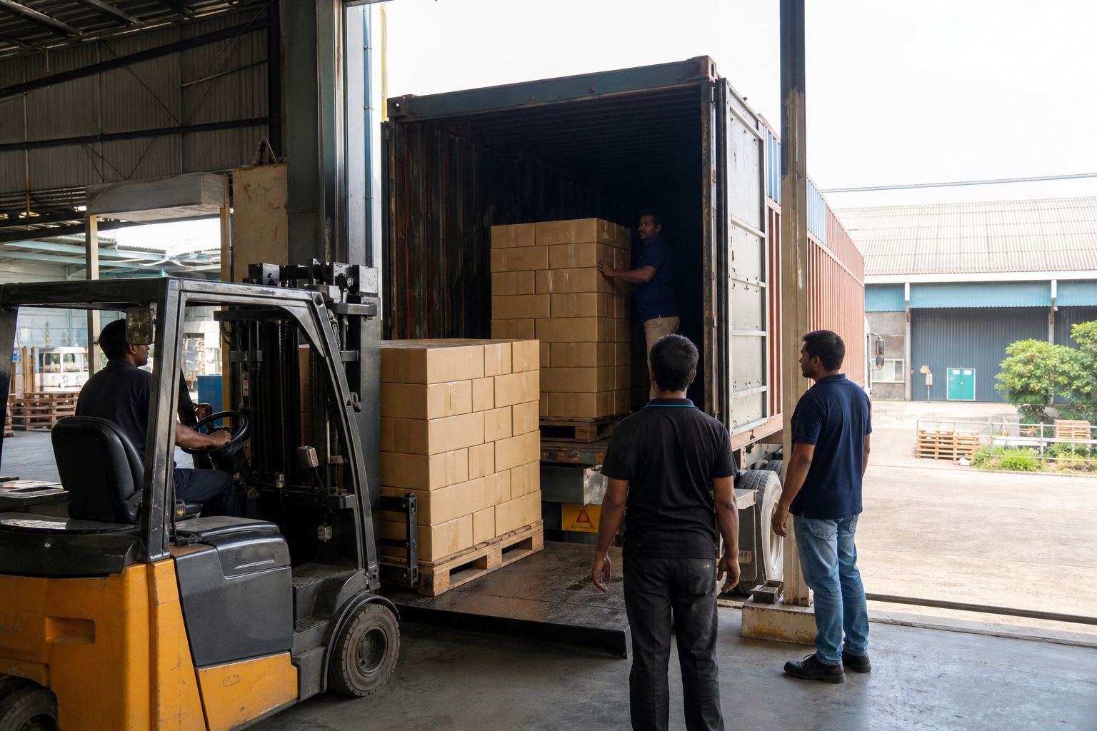 Forklift loading palletized cartons of Indian wooden handicrafts onto a truck at an export warehouse dock