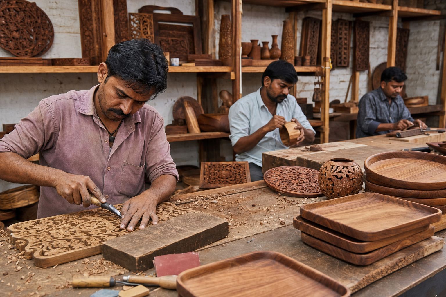 Artisans carving and sanding sheesham wooden handicraft trays and décor in an Indian workshop