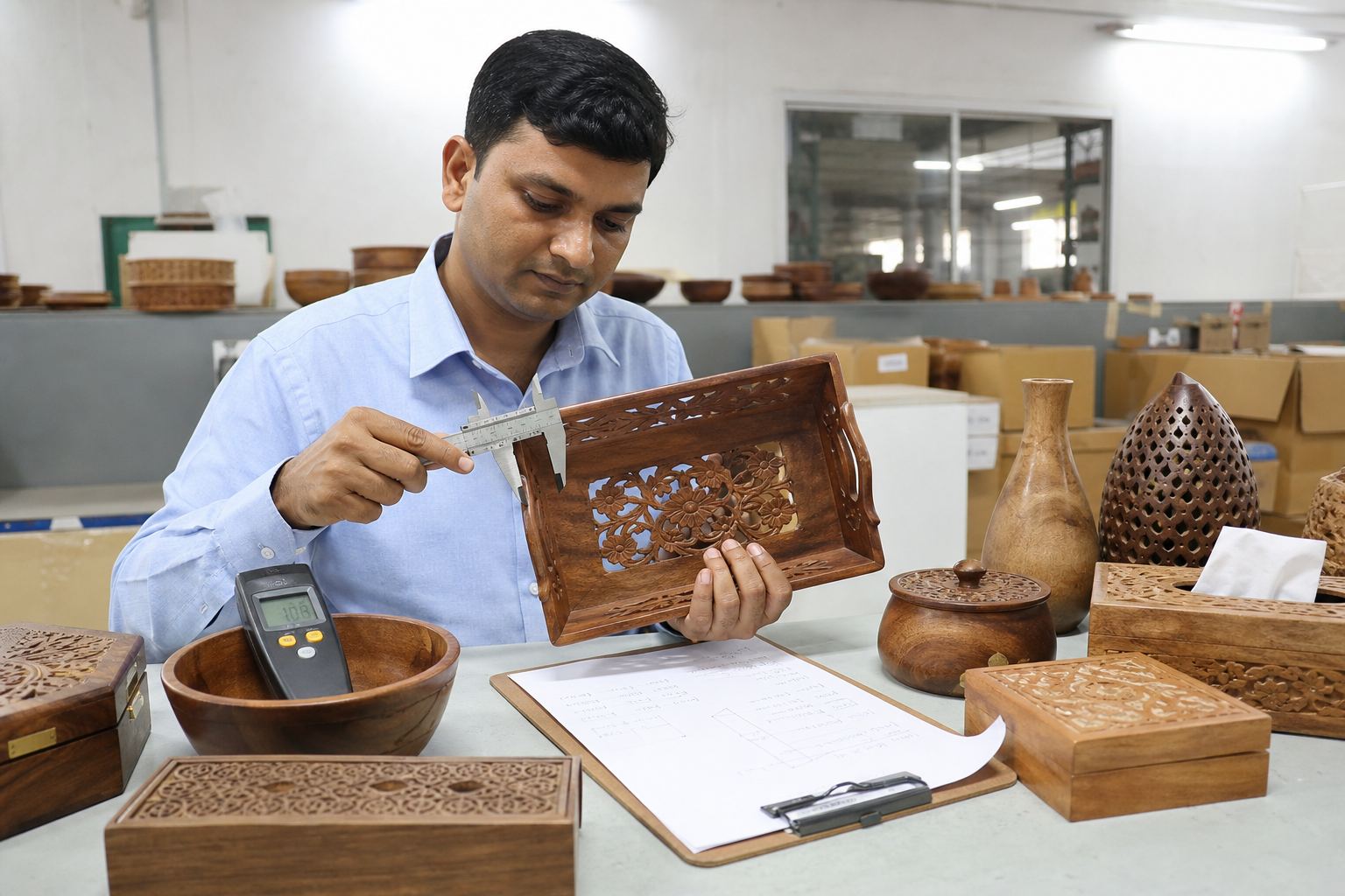 Quality inspector measuring wooden handicraft trays and checking moisture on mango wood bowls before export